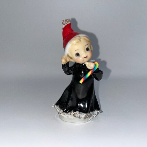 Other - Vintage Dancing Angel Pixie Elf Santa Helper Ceramic Pixie Black Gown Candy Cane